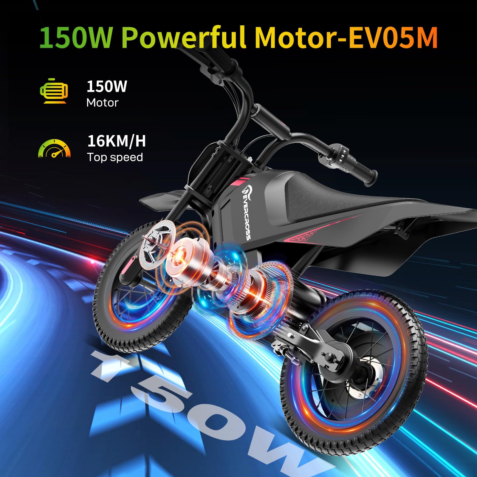 EVERCROSS EV05M Motocicletta Elettrica per Bambini, E-Moto da 150 W, Modalità Velocità 8/16 km/h e Motocicletta Elettrica a Lungo Raggio da 10 km, Moto Cross da 12'' per Bambini da 3 a 12 Anni