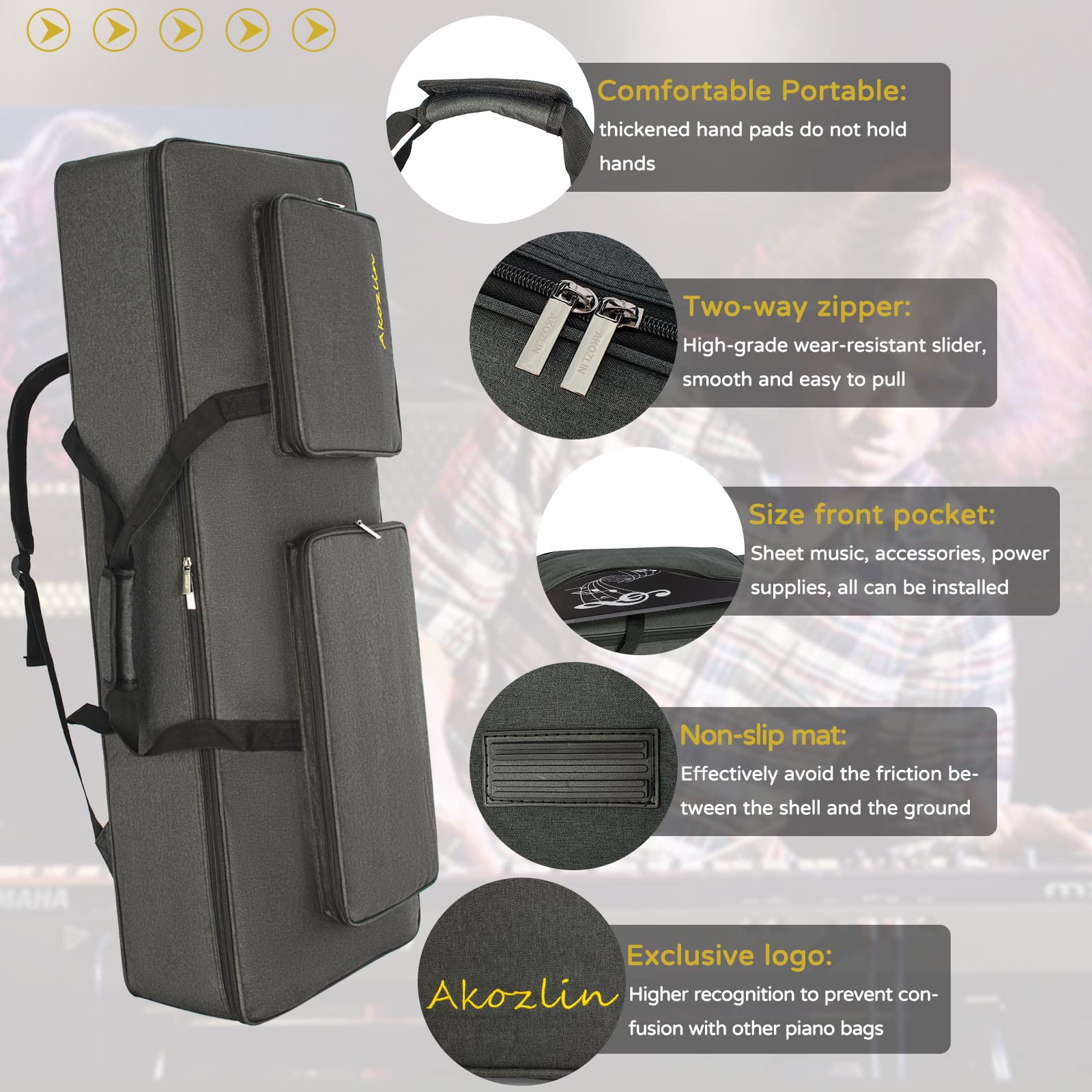 AKOZLIN 61 Keyboardtasche,Tragbar,Gepolstert,Wasserdicht,Oxford-Stoff | Gepolstert, Gigbag, Universell, Wasserdicht,10 mm Perlwatte-Polsterung,107 x 45 x 17 cm