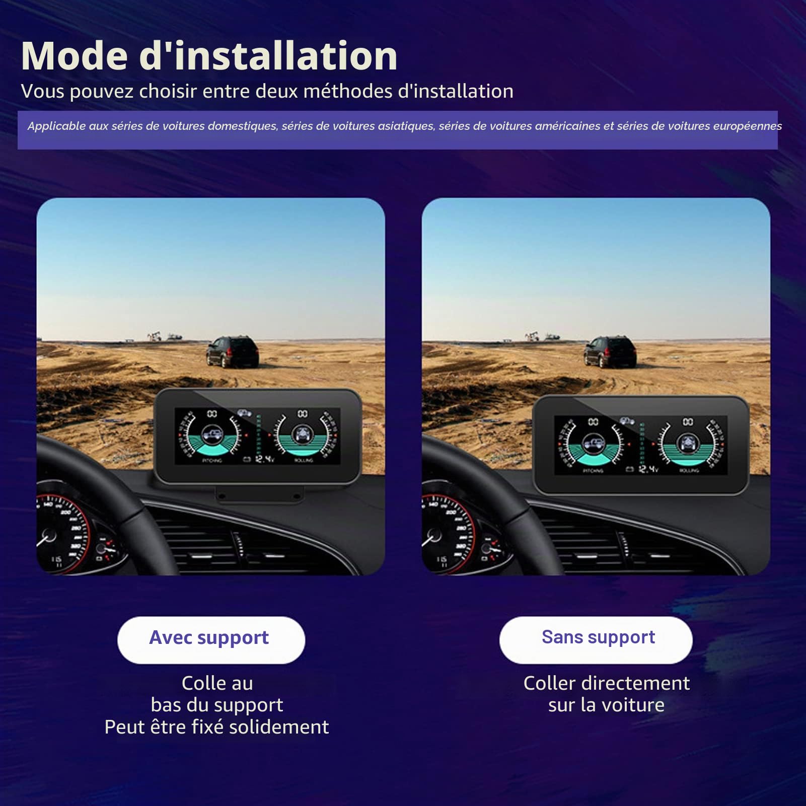 Fydun Jauge D'inclinaison de Niveau D'inclinomètre de Voiture, HUD Indicateur de Clinomètre de Boussole électronique de Voiture Compteur de Pente d'angle de Voiture D'inclinomètre Numérique pour Auto