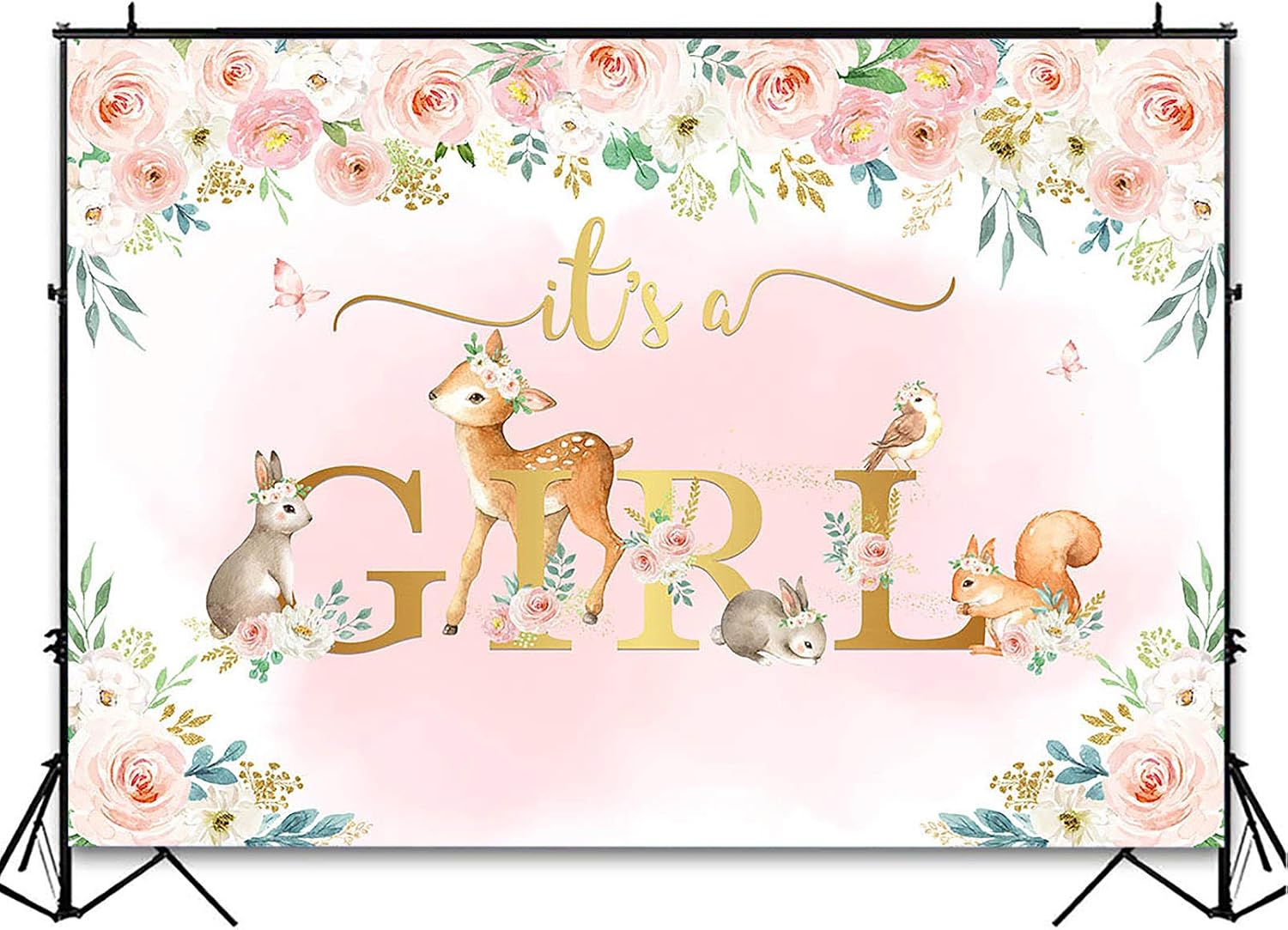 Avezano Woodland Backdrop for Girl Baby Shower Woodland Animal Pink Floral Decorations Photography Background Baby It's a Girl Woodland Baby Shower Backdrops Photo Booth Favors Supplies (7x5ft)