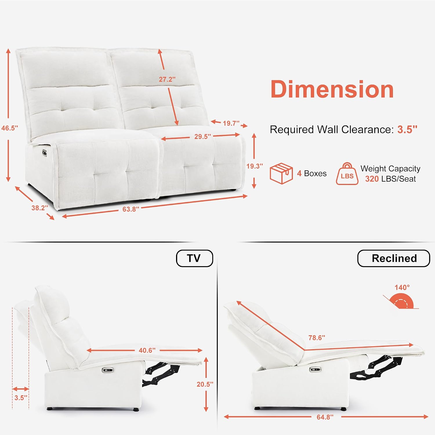 MCombo 63.8 inch Wall Hugger Power Reclining Loveseat Sofa with USB & Type C Ports for Small Spaces, Oversized Recliner Sectional Couches for Living Room, ALR01-2SET (Cream White)