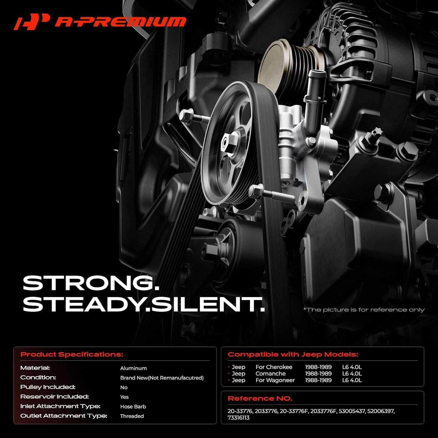 A-Premium Power Steering Pump, with Reservoir, Compatible with Jeep Cherokee 1988-1989, Comanche 1988-1989, Wagoneer 1988-1989, L6 4.0L