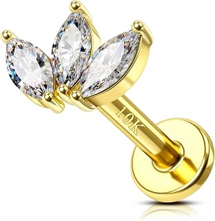 10K Gold Triple Marquise CZ Helix/Cartilage Earring Stud, 16g Flat Back Tragus Piercing Jewelry, Yellow Gold Crowen Labret Stud for Conch, Hypoallergenic for Sensitive Ears