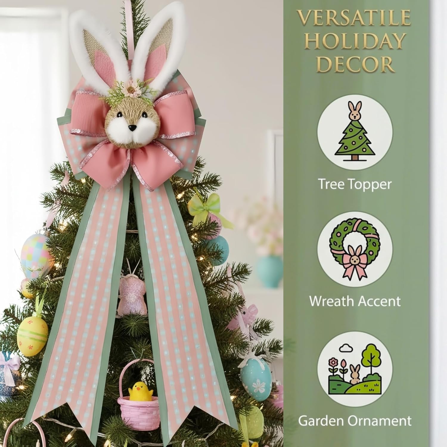 Easter Bunny Wreath Bow Decoration, Handmade Pink & Green Spring Door Hanger with Rabbit Ears, Farmhouse Easter Ribbon Bow for Front Door, Wall, Mantel Decor