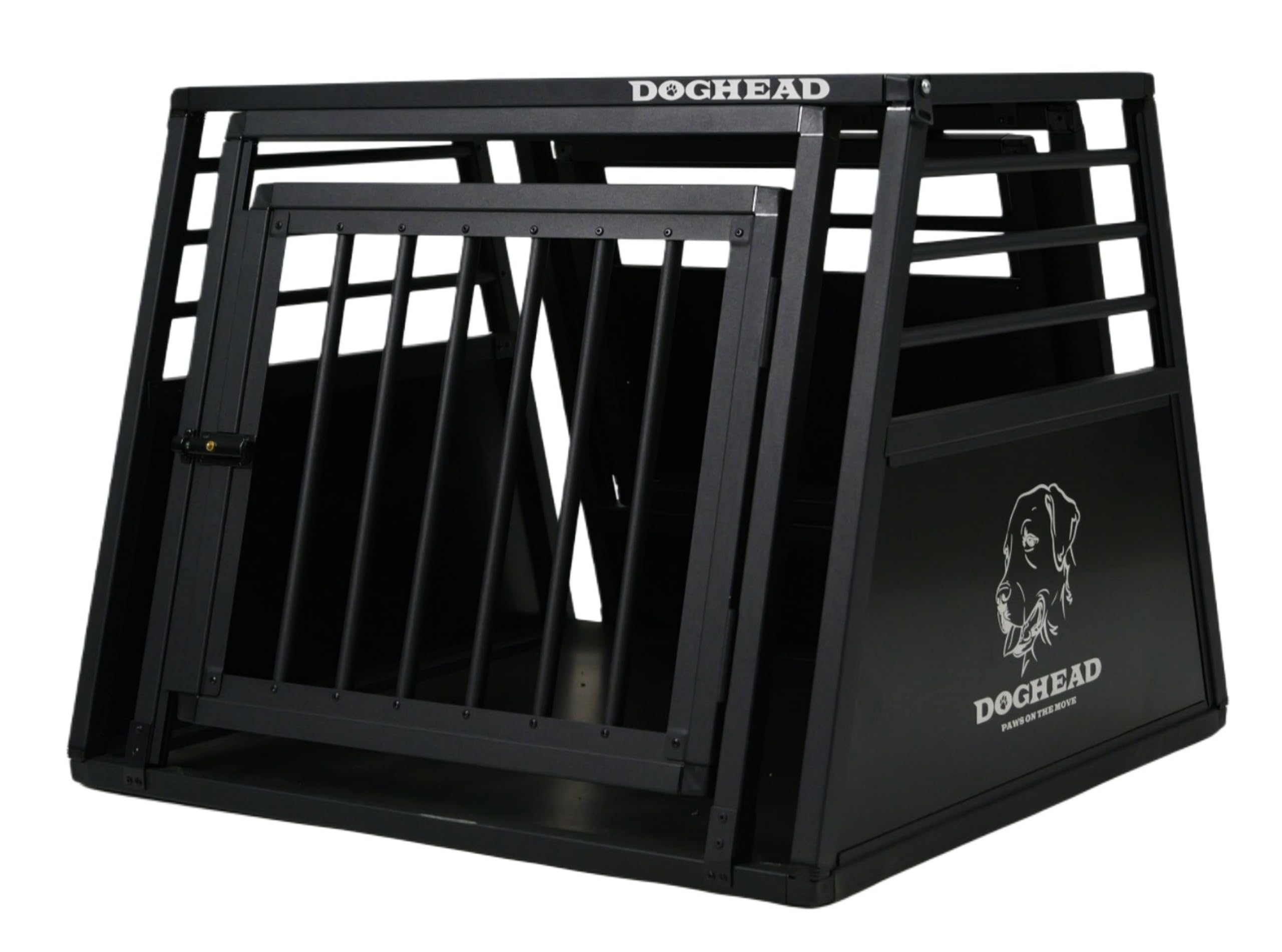 DOGHEAD Hundetransportbox Proline, Single 80x75x63 cm, Schwarz, Aluminium, Beidseitig Abgeschrägt 75°, mit Notausstieg