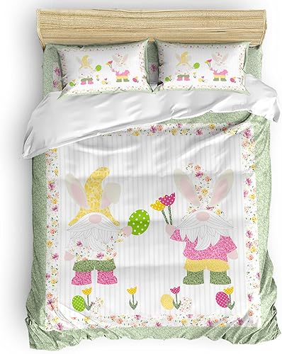 HERBED Juego de funda de edredón de 4 piezas gnomos de Pascua sosteniendo tulipanes borde verde juego de cama lavado fácil cuidado funda de edredón