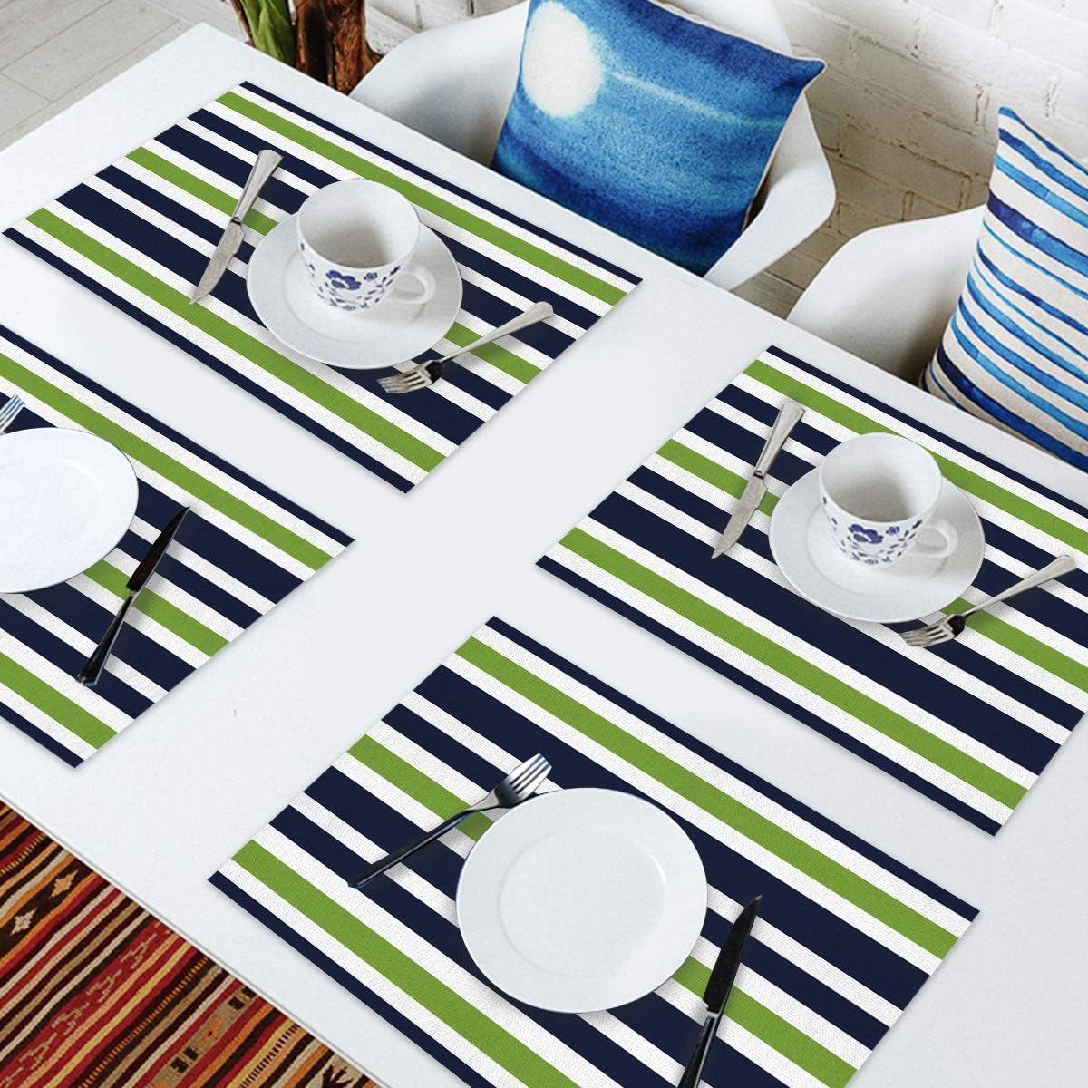 Rеvіеw Placemats for Dining Table Set of 6, Navy Blue Lime Green and White Striped Table Mats Stain Resistant Heat Insulation Non-Slip Washable Table Decoration for Kitchen, Modern Design