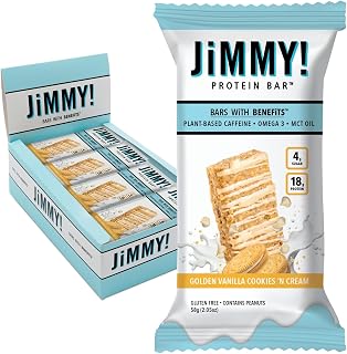 JiMMYBAR! - Golden Vanilla Cookies 'N Cream - 18g Protein Bars - Low 4g Sugar - 12 Count - Real Peanut Butter Base with Hand-Drizzled Chocolate 58g Protein Bar - Functional Meal Replacement Bars