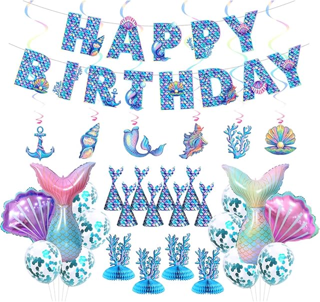 Mermaid Birthday Party Decorations for Girls, all-in-one Mermaid Party Supplies Kit in Blue with Happy Birthday Banner/Balloons Photo Prop/Hanging Swirl Decors, etc. (Blue)