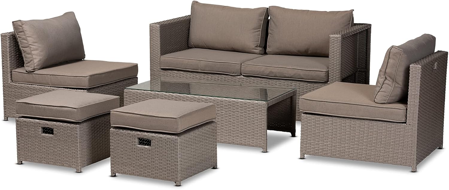 Baxton Studio Haina Modern and Contemporary Grey Fabric Upholstered and Grey Finished Synthetic Rattan 6-Piece Patio Set