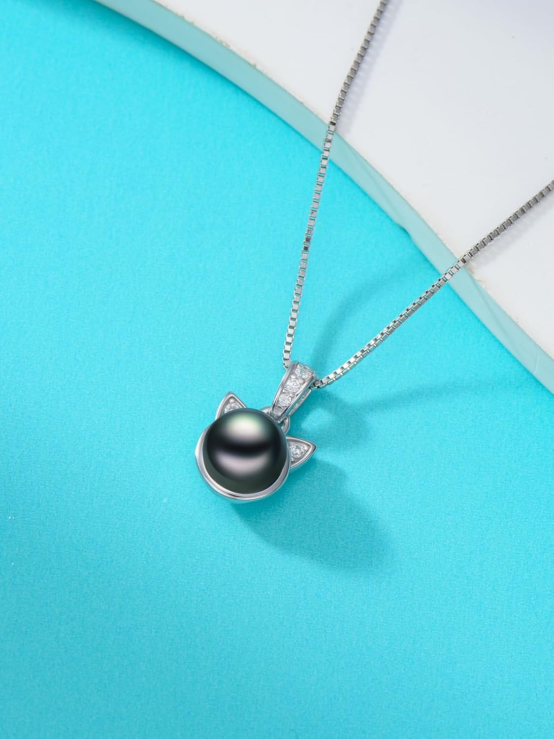 Tahitian Black Pearl AAAA18K White Gold Plated Sterling Silver Cat Pendant Necklace for Women Wife Mom Girlfriend Valentine Her Jewelry Gift for Mother Day Anniversary Birthday - Image 4