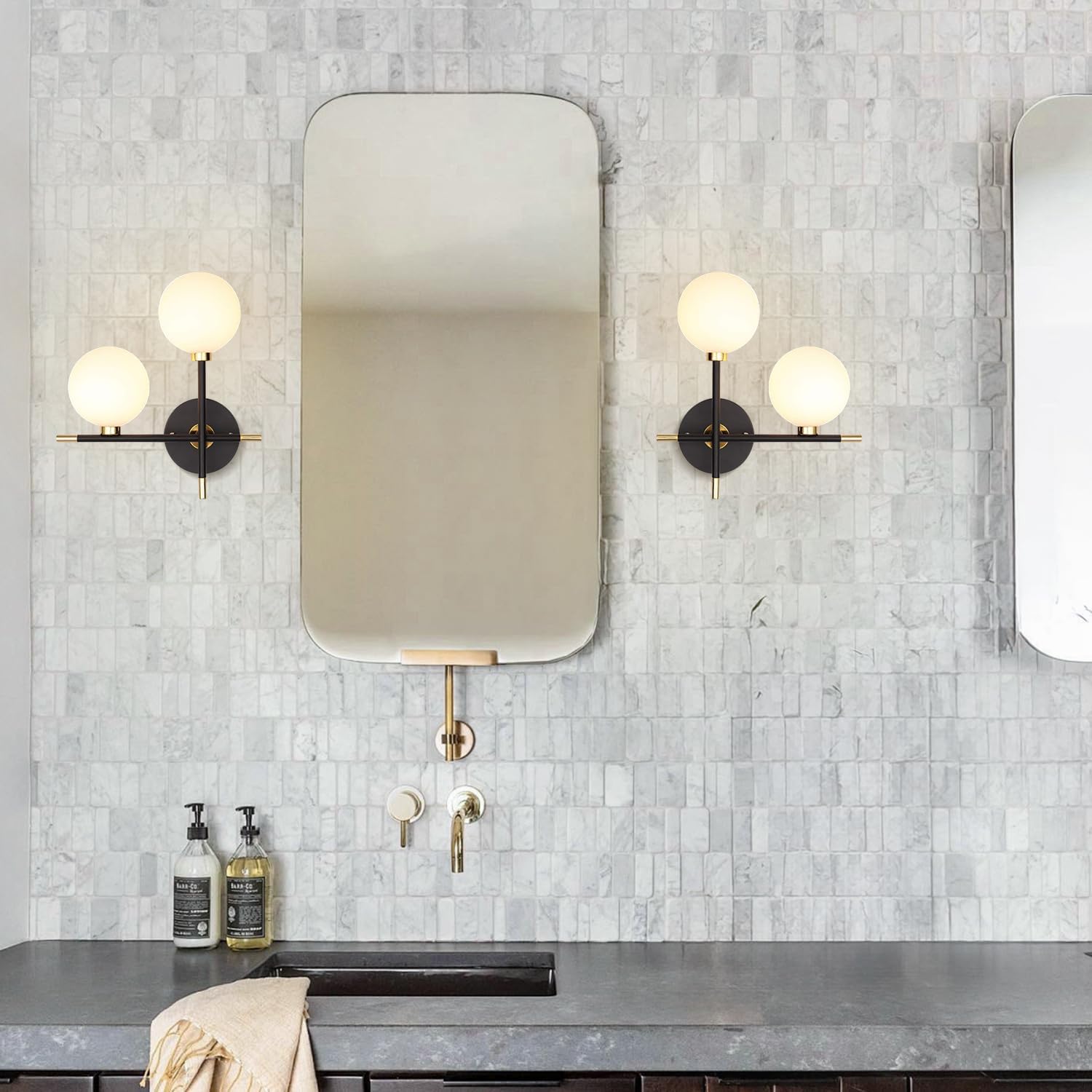 Farmhouse Black & Gold Bathroom Sconces 1-Light Modern Frosted Glass Globe Wall Light Fixtures Vintage Indoor Wall Decor Lamp for Mirror Stairs Hallway MWL03