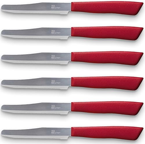 Vista 9 de Tredoni 6 cuchillos de cocina – 4.3"/11cm acero inoxidable italiano dentado vegetal/bistec/cuchillo de mesa, punta redondeada (rojo)