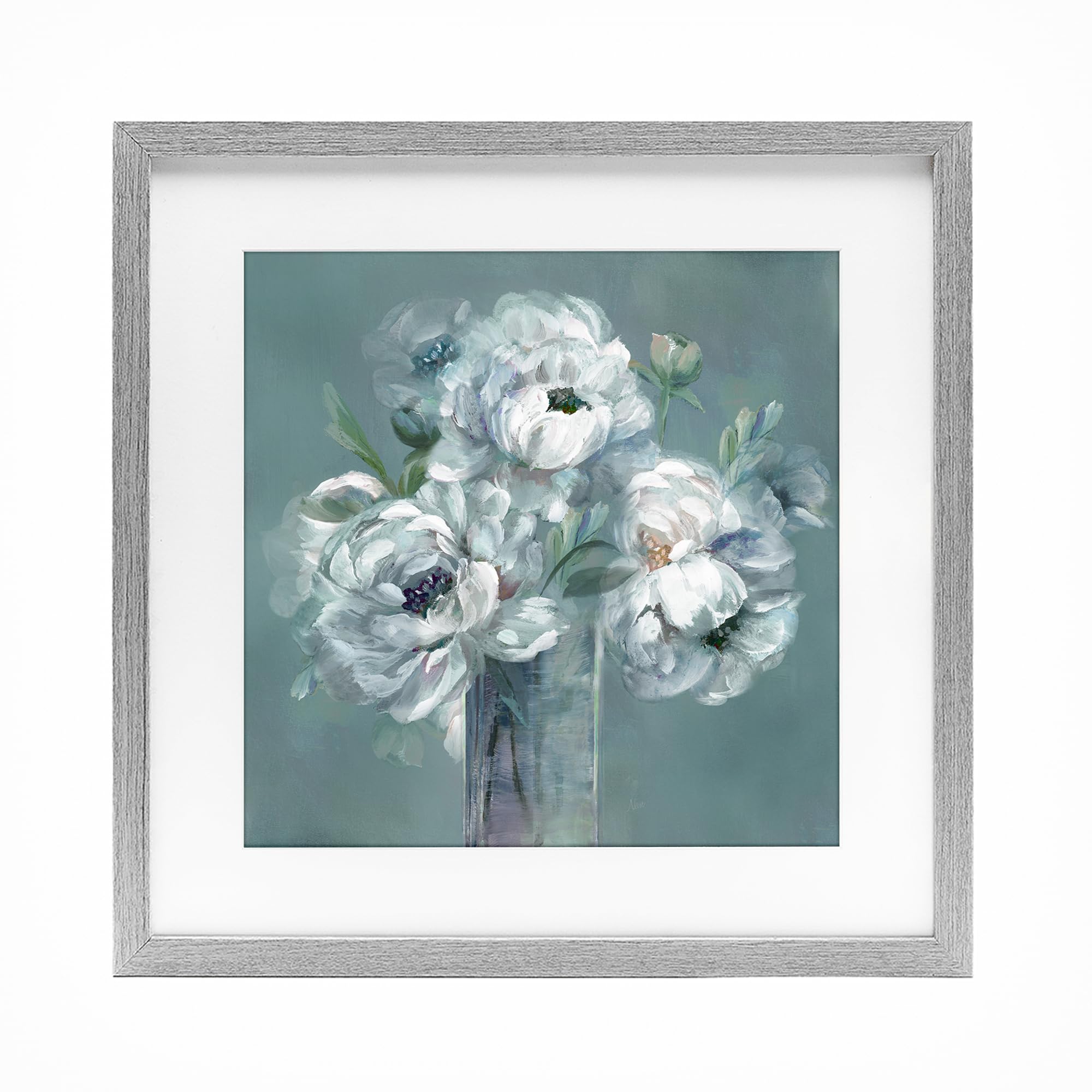 Stupell Industries White Peony Floral Bouquet 'White Peony Impression In Vase', Framed Print Under Glass, Gray, 16 X 16 Inches, Easy To Hang And Sturdy, Made In Usa, By Nan