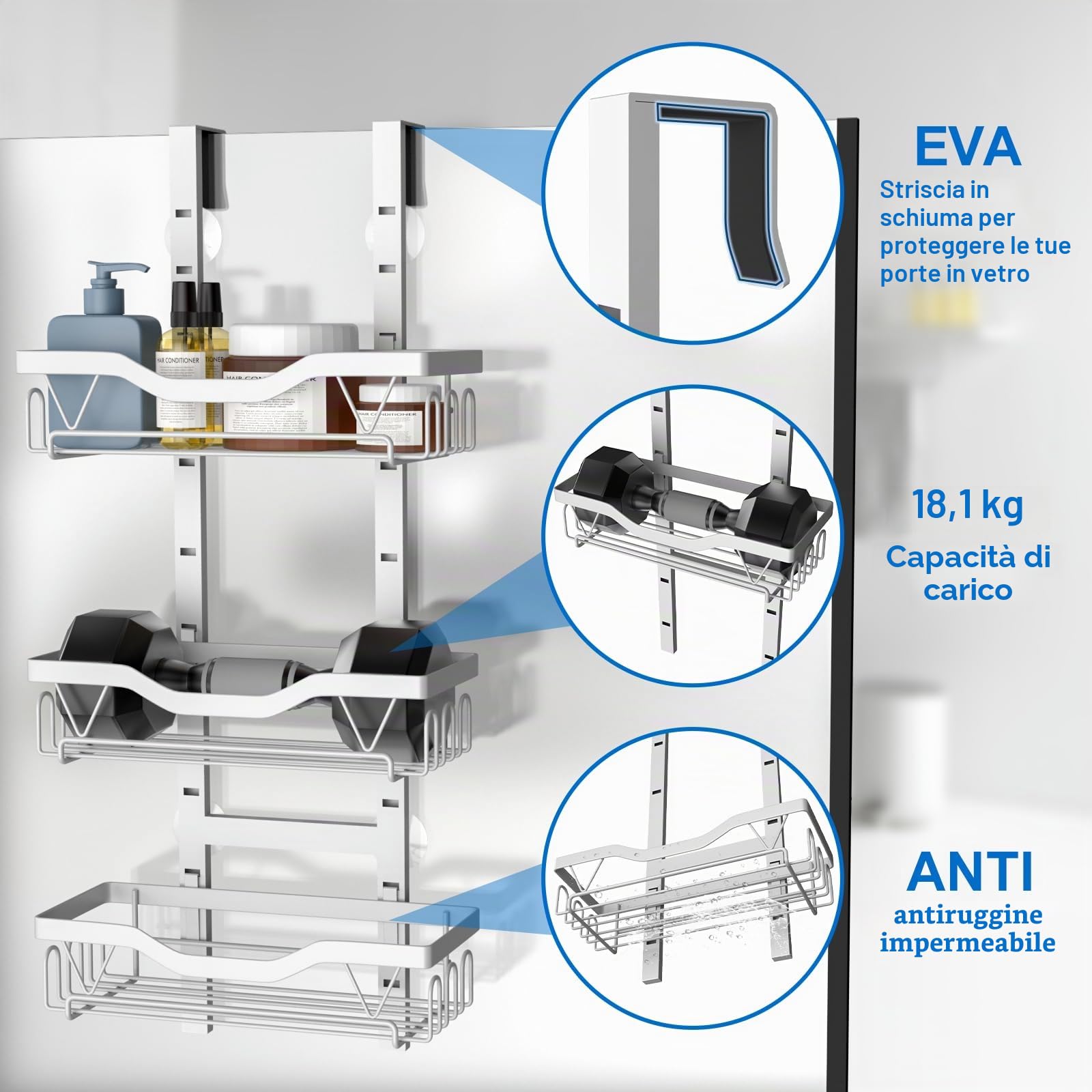 Mensola Doccia da Appendere, Porta Bagnoschiuma da Doccia Senza Foratura, Porta Sapone da Appendere al Porte Doccia (Bianco - 3 strati)