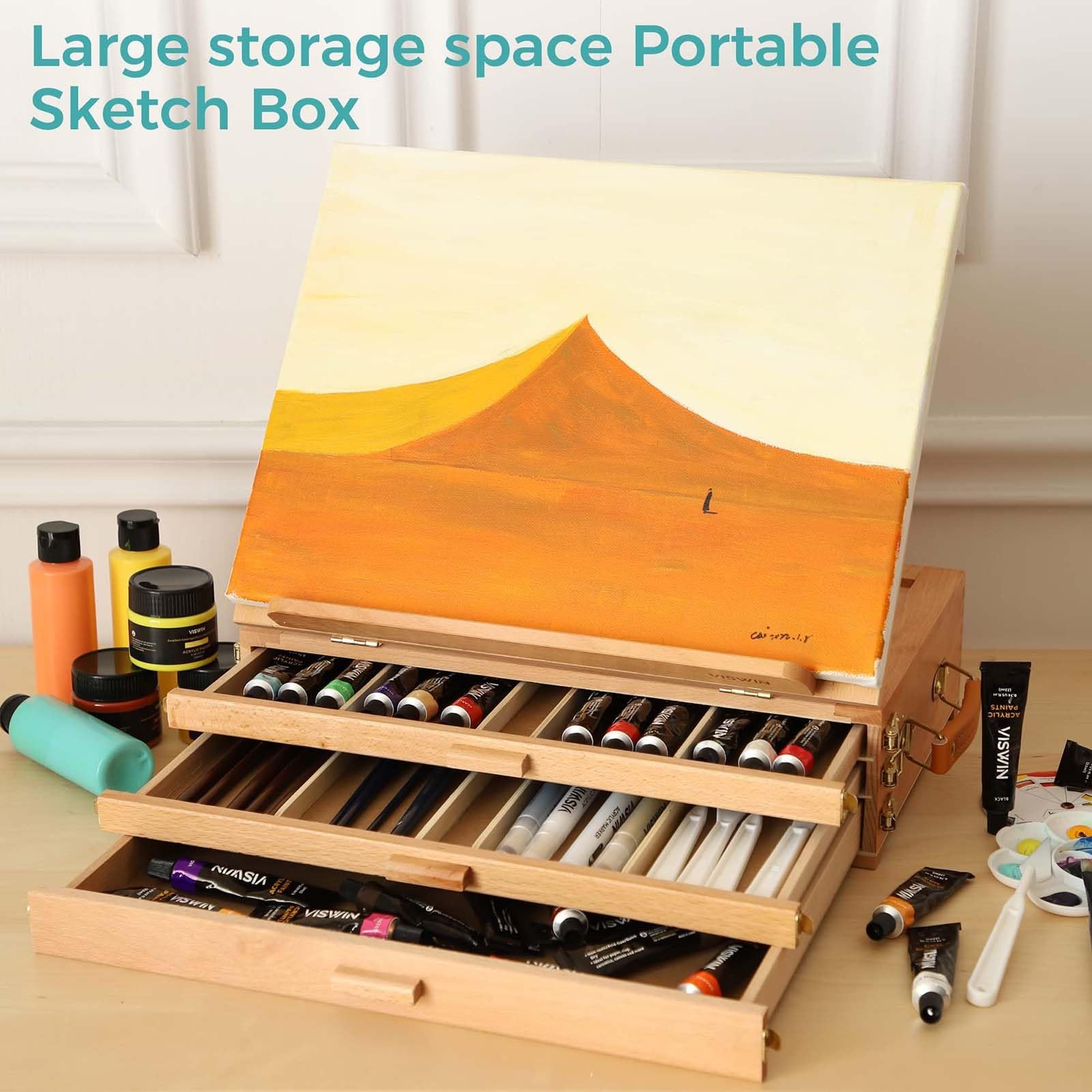 Caballete de mesa para pintar, caballete de madera de haya ajustable con 3 cajones de almacenamiento, caballete de viaje de escritorio para adultos, artistas y estudiantes