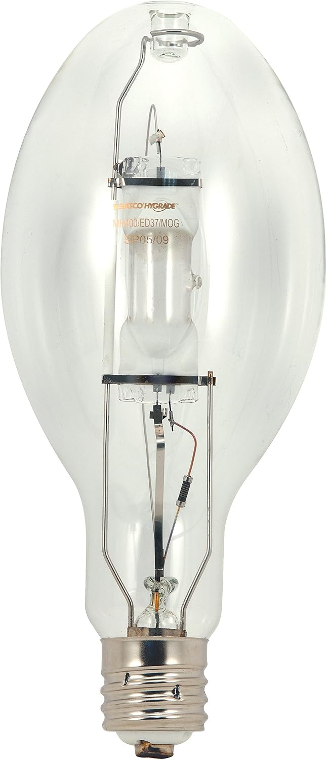 Satco S5843 400W Metal Halide HID Lamp, Probe Start, 4200K Cool White, 36000 Lumens, Clear, Mogul Base, ED28, 360 Degree Beam Angle, 20000 Rated Hours (2 Pack)