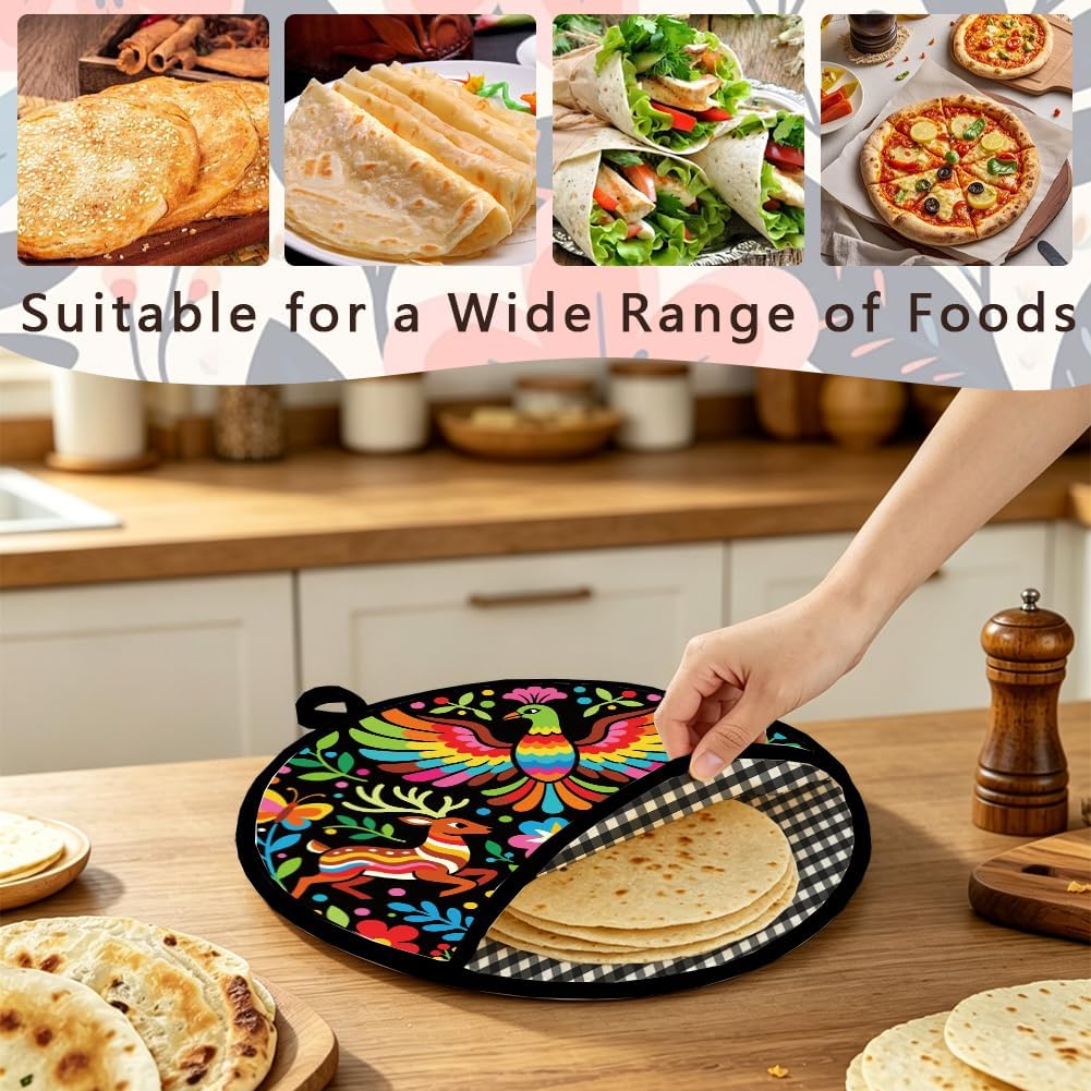 Mexican Tortilla Warmers Pouch 12 Inch Tortilla Keeper Bag Birds Deer Flowers Pattern Portable Polyester Microwavable Insulated Cloth Pouch Keeps Warm for Corn Flour Tacos Naan Pizza Rolls