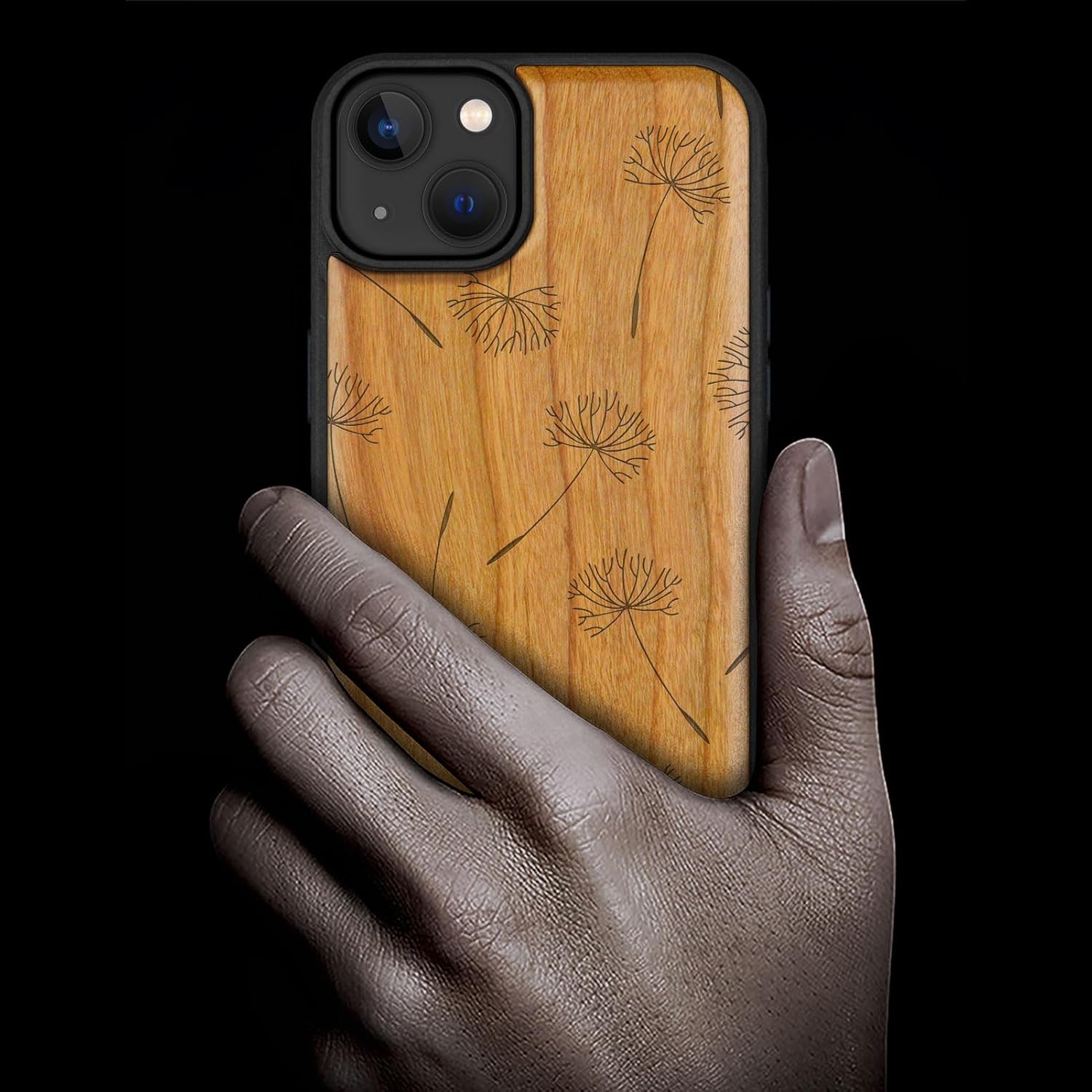 Carveit Magnetic Wood Case for iPhone 14 Plus - Natural Wood & Black Soft TPU - Shockproof Protective Cover - Unique & Classy Wooden Case - Compatible with MagSafe (Dandelion Whispers -Cherry)