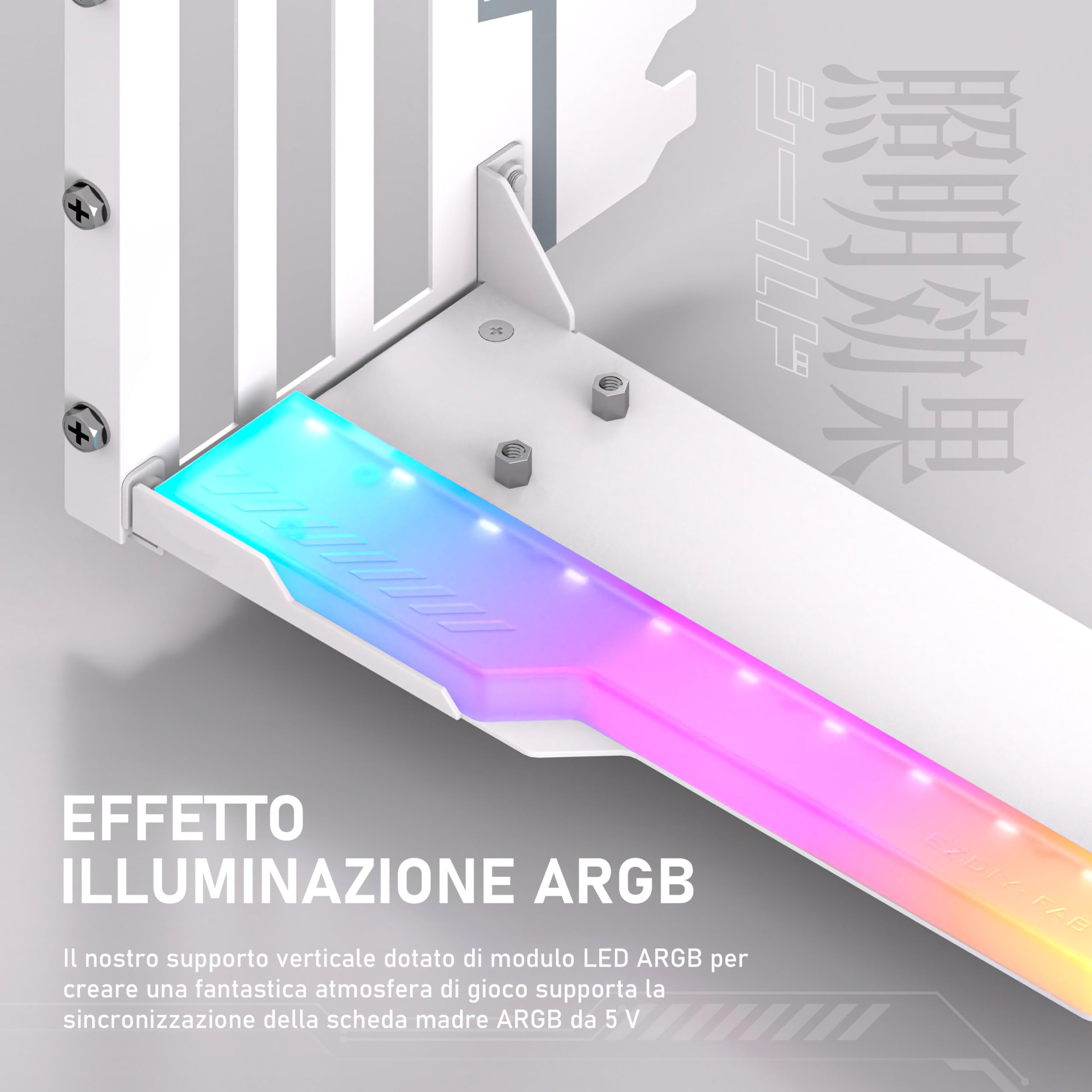 EZDIY-FAB Supporto Verticale GPU con Cavo Riser PCIE 4.0,Modulo ARGB,Estensione Flessibile 115mm/4.52in,Connettore a 90 Gradi, Compatibile Solo con Slot PCIe Completamente Aperti-Bianco-YIHPI344-3