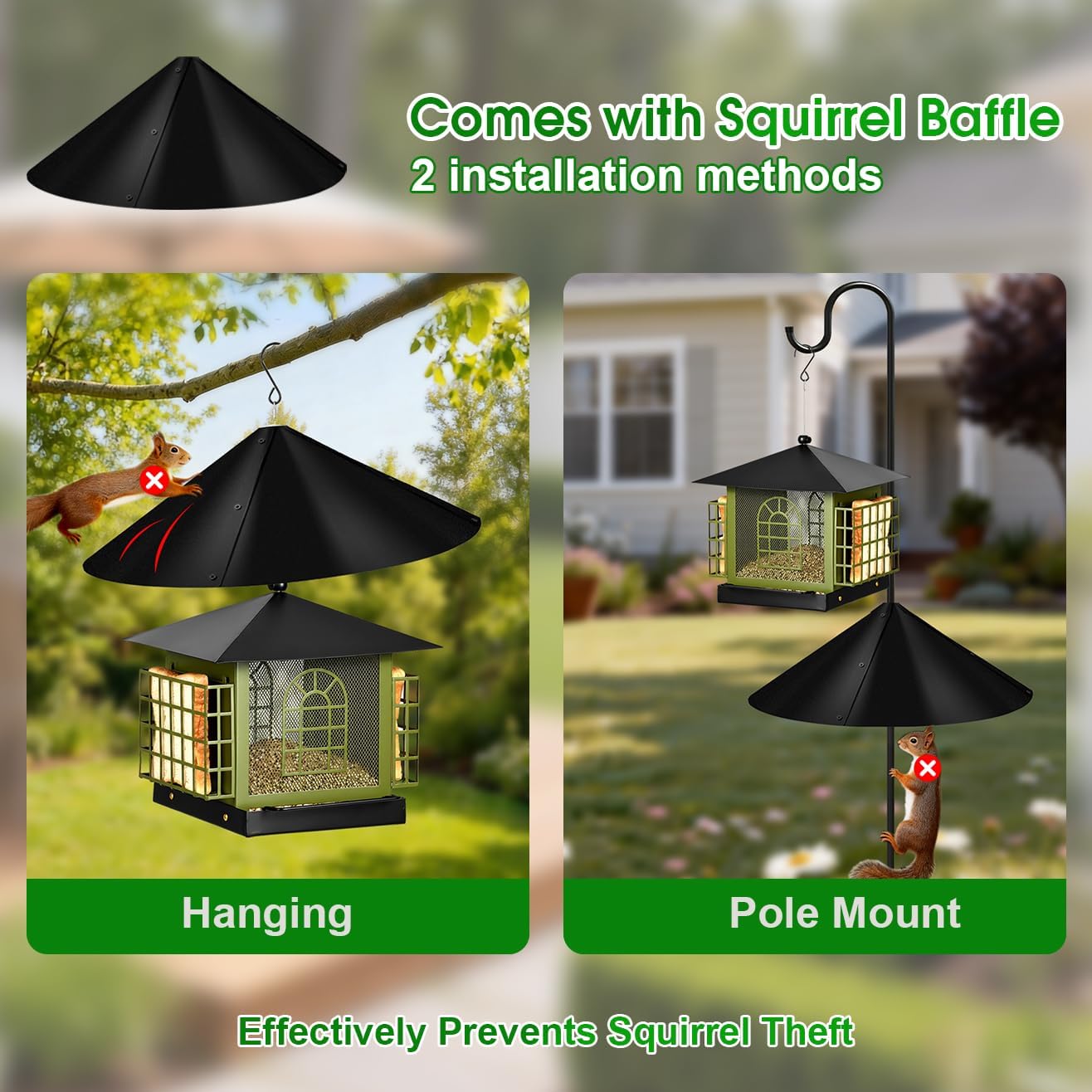 Large Squirrel-Proof Bird Feeder for Outdoors Hanging,Metal Bird Feeder with Squirrel Baffle,& Double Suet Cage,Suet Feeder,Humming Finch Cardinal Woodpecker Feeder,Great for Attracting Wild Birds