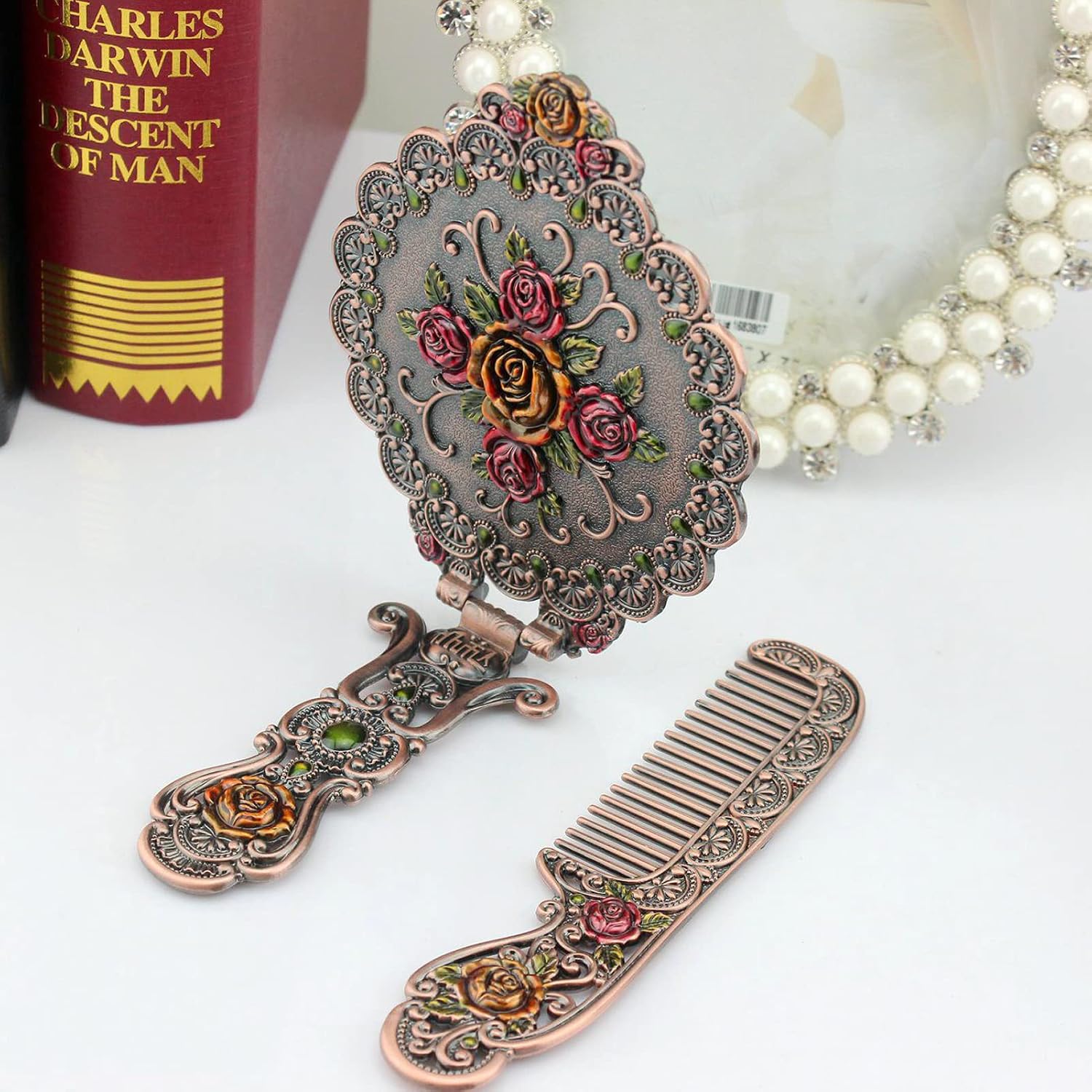 Nerien Vintage Mirror Comb Set Metal Antique Rose Style Handheld Makeup Mirror Travel Round Folding Cosmetic Mirror Women's Vanity Handle Foldable Mirrors Decorative Tabletop Mirrors Copper