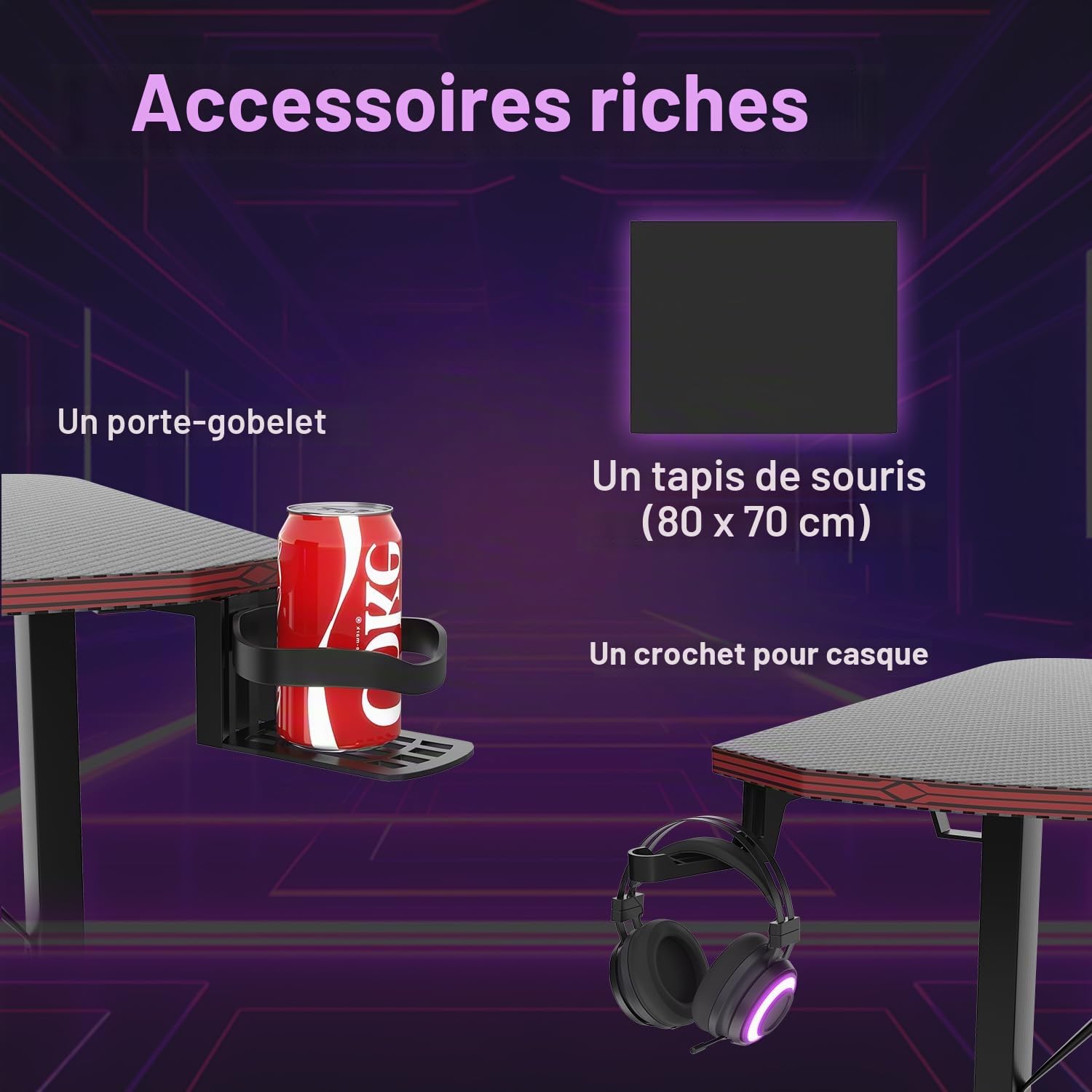JUMMICO Bureau Gaming 180x60cm, Porte-Gobelet & Casque, Ergonomique, Noir
