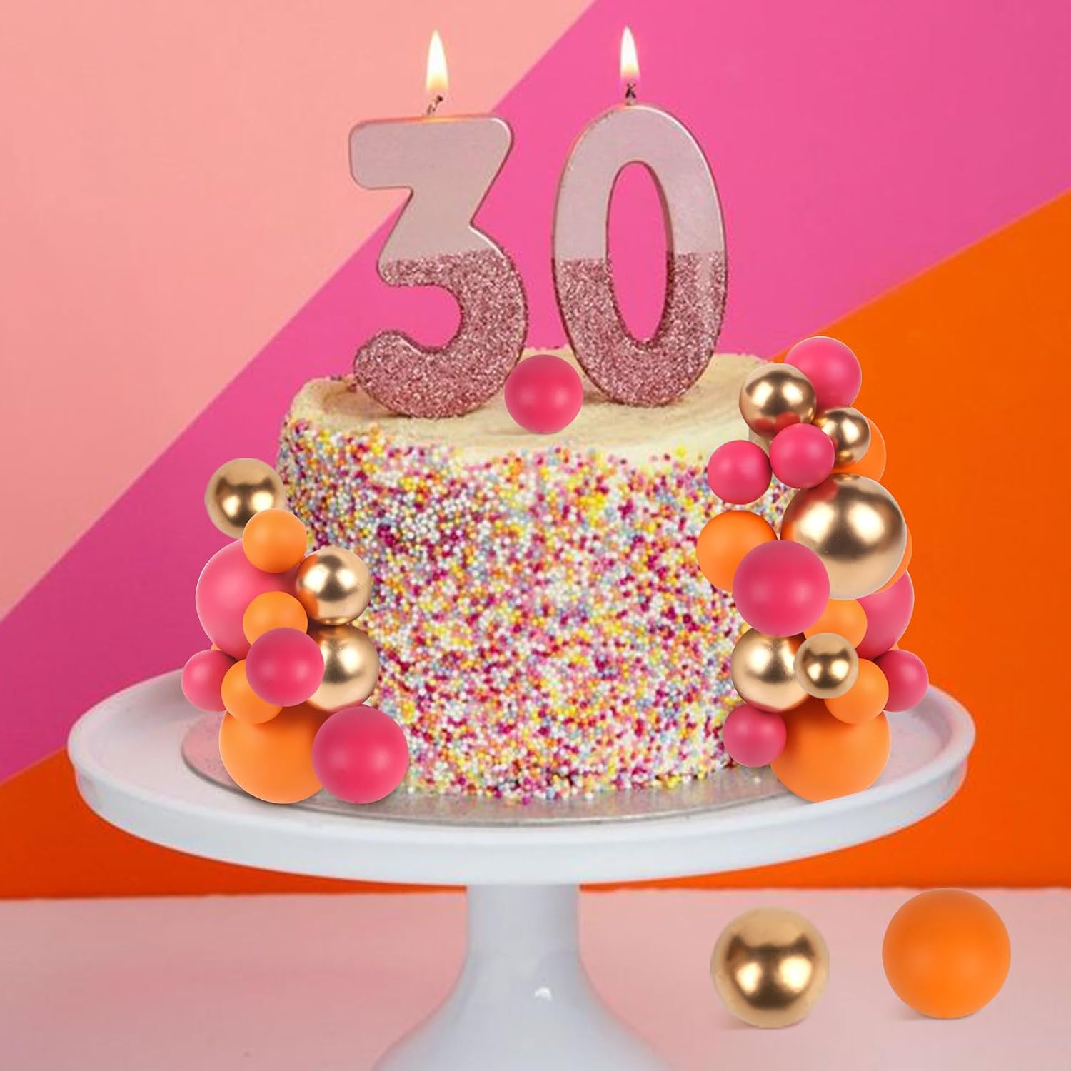 52 Pcs Ball Cake Decorations - Pink Gold Orange Ball Dessert Picks Cake Cupcake Toppers, Birthday Party Baby Shower Gender Reveal Cake Supplies