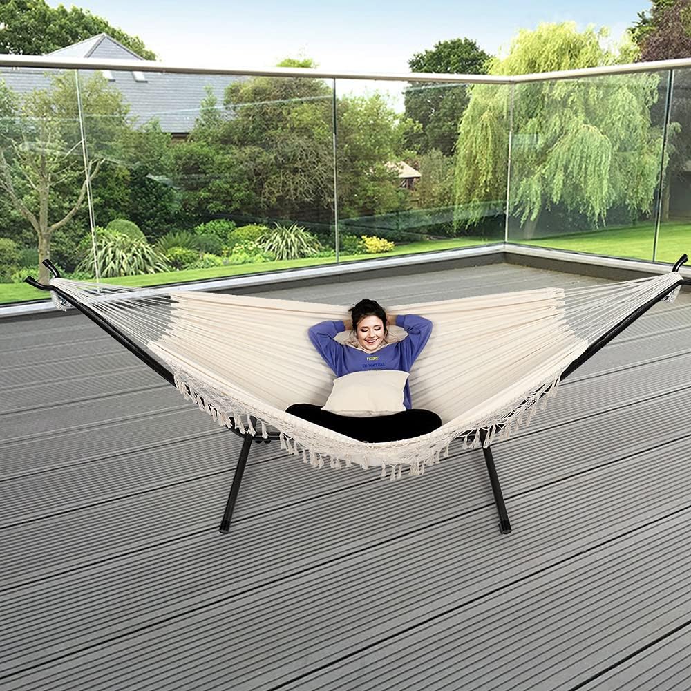 ONCLOUD Macrame Hammock with Stand Included, Boho Fringe Hammock with 9ft Steel Stand Heavy Duty Space Saving Hammock Frame with Carrying Bag, Off White