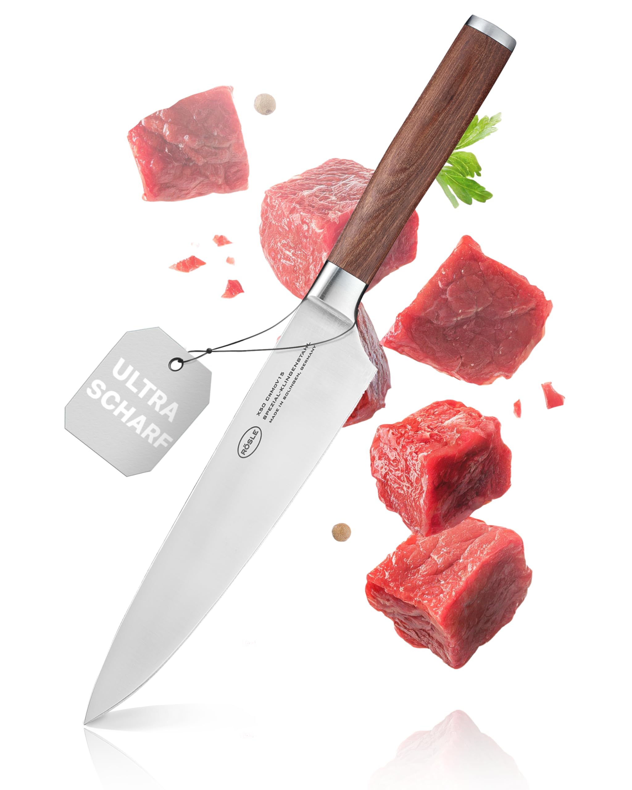 RÖSLE Kochmesser Masterclass 20 cm - Hochwertiges Küchenmesser zum Schneiden von Fleisch, Fisch, Geflügel und Gemüse, ein scharfes Schneidemesser mit ergonomischem Griff aus Walnussholz | Klinge aus X50CrMOV15 Stahl, Made in Solingen, scharf für Fleisch,