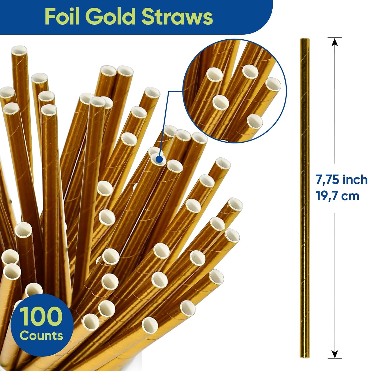 7.75 inch Compostable Gold Paper Straws 100 Counts - for Drinking, Cocktails, Party, Wedding, Decoration - Image 3
