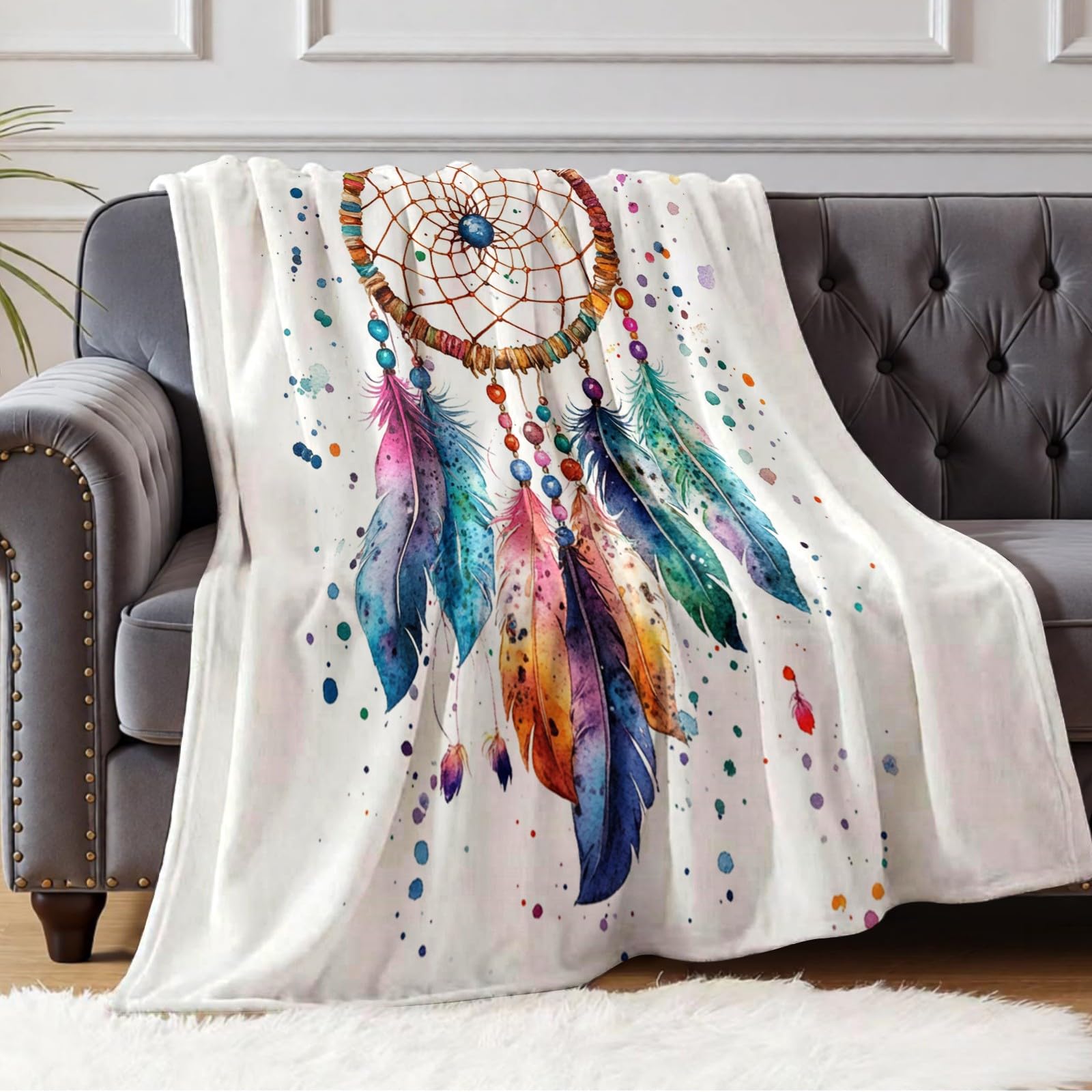 Kuscheldecke 200 x 220 cm Aquarell-Traumfänger Flauschige Fleecedecke Weiche Sofadecke Couchdecke Atmungsaktive Wohndecke für Sofa und Bett