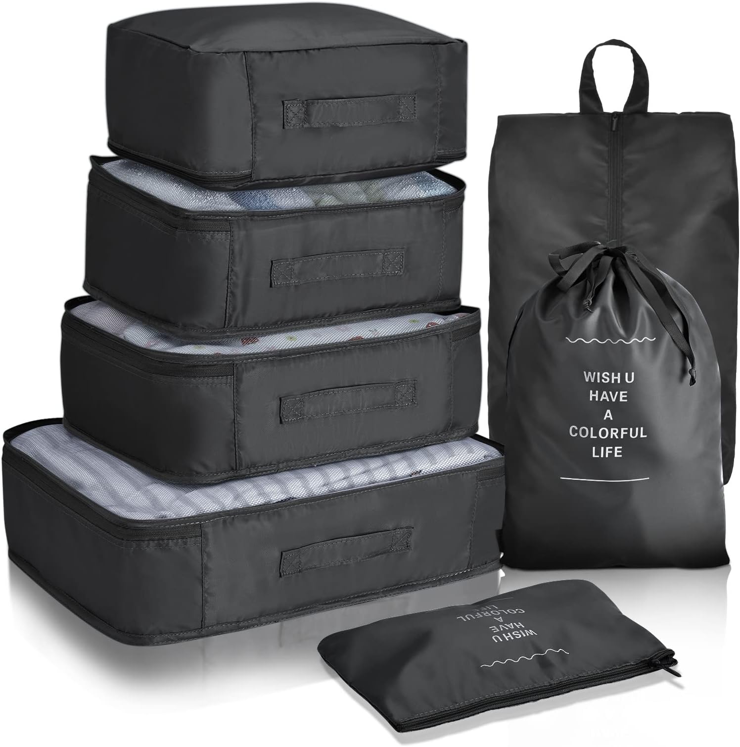 VAGREEZ Packing Cubes, Travel Luggage Packing Organizers Set with Toiletry Bag, Black with Shoe Bag, Large