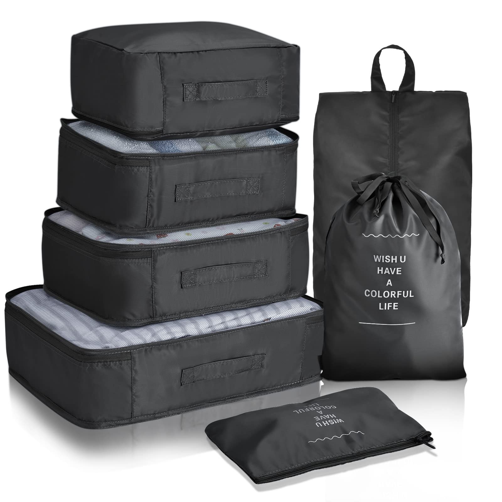 VAGREEZ Packing Cubes, Travel Luggage Packing Organizers Set with Toiletry Bag, Black with Shoe Bag, Large