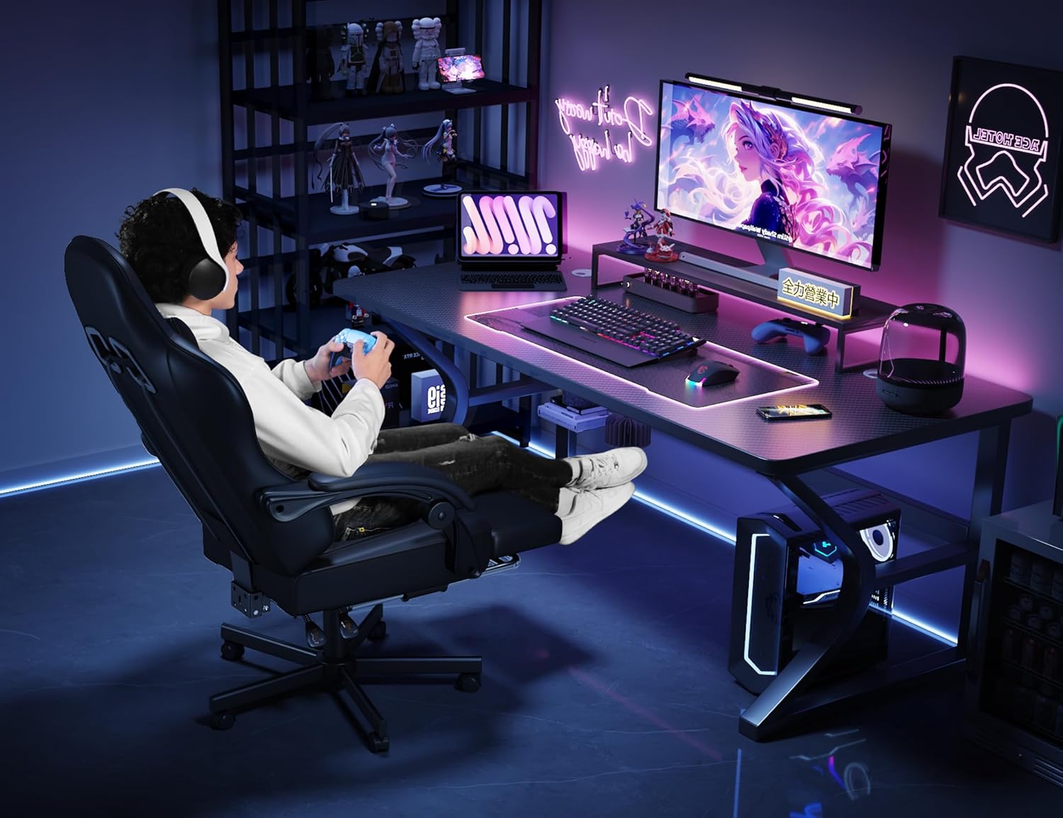 71AlMk9QkmL._AC_SL1500_ Gaming Chair for Adults with Footrest and Lumbar Support, Height Adjustable Game Chair with 360°-Swivel Seat and Headrest and for Office or Gaming (Black)