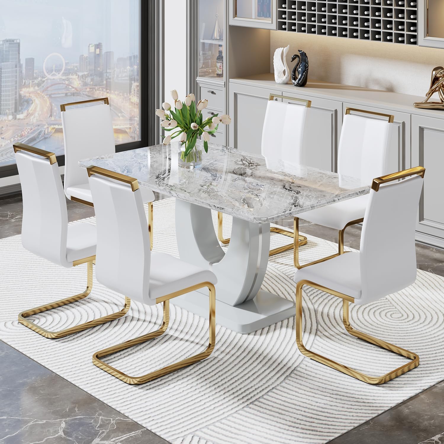 Amazon.com - JUFU Dining Table Set for 6,Marble Dining Table Set with ...