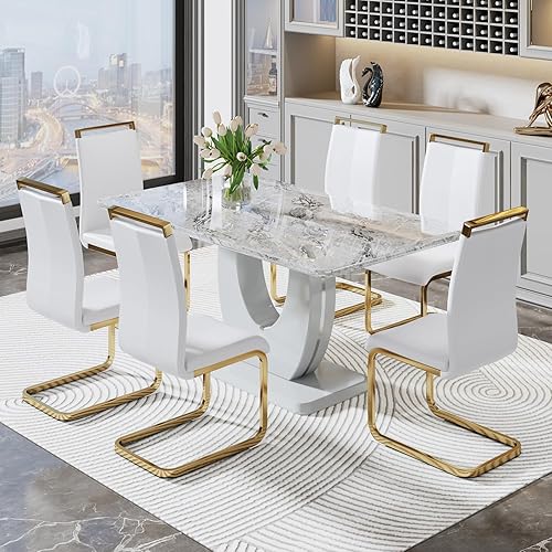 Miniatura 18 de JUFU Juego de mesa de comedor para 6 personas con sillas tapizadas de poliuretano, mesa y sillas de comedor de mármol sintético gris de 63 pulgadas,