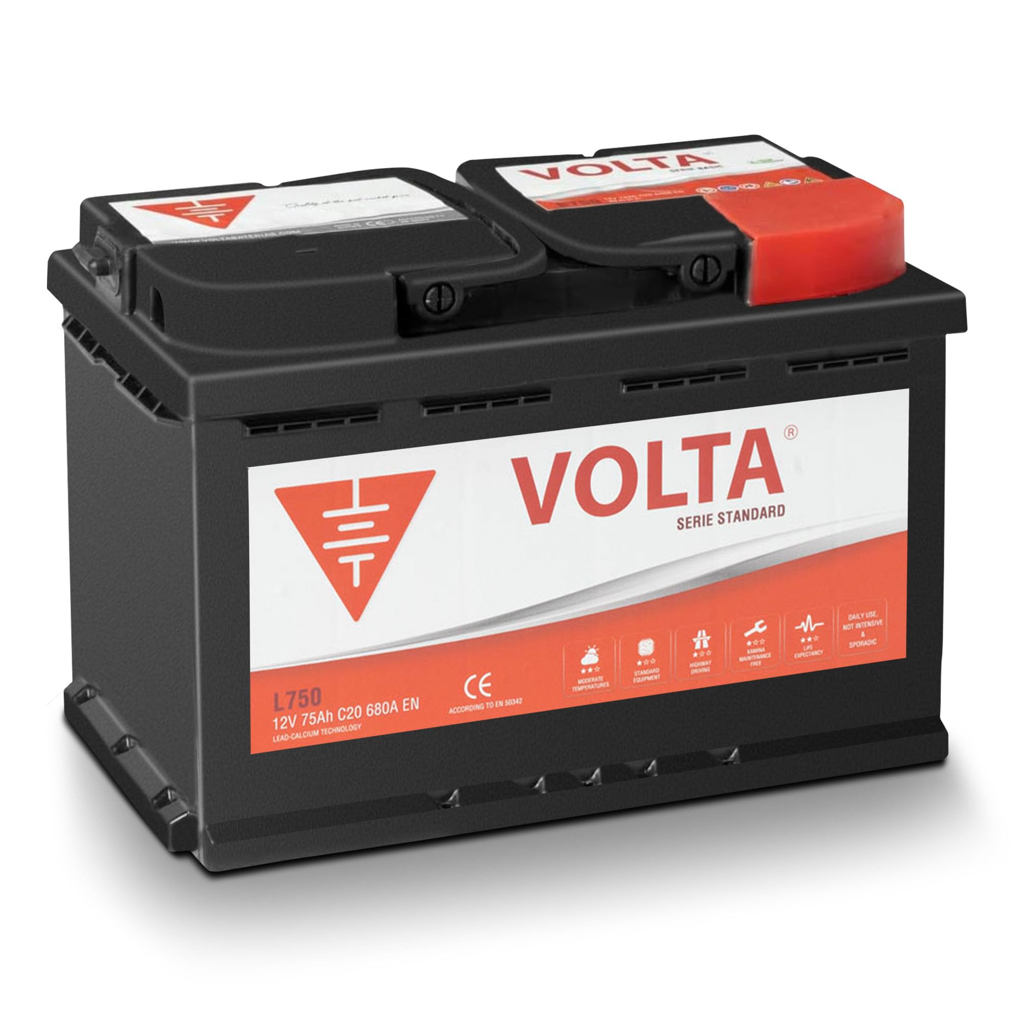 Bateria de Coche 75Ah 680A - Volta L750D - Borne +Dcha - Medidas Largo 278 x Ancho 175 x Alto 190 mm con 2 años de Garantía - Fabricación Europea.