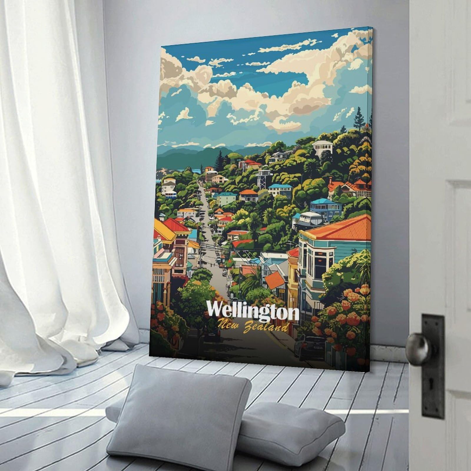 Junmoney Frame-Style-10 Room Decor Wall Art Wellington, New Zealand Cityscape, 24X36inch(60X90cm), For Gallery Wall Decor And Room Displays, An Easy Match For Collected Prints