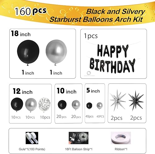 Miniatura 2 de Kit de arco de globos negros y plateados, decoraciones de graduación y fiesta de cumpleaños, globos largos metálicos para arco de guirnalda de