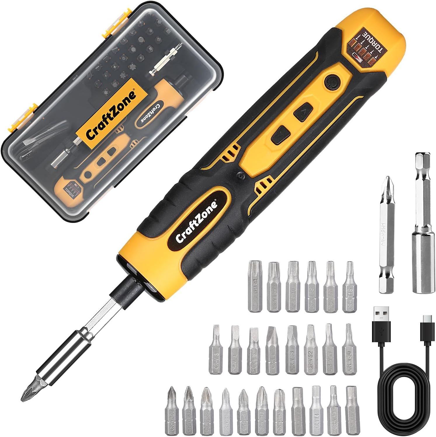 Electric Screwdriver Cordless Set with LED Light, USB Cordless Screwdriver Rechargeable, Level 5 Torque Screw driver, with 28 Pc Bit Set & Carrying Case for Home, Electronic, Automotive