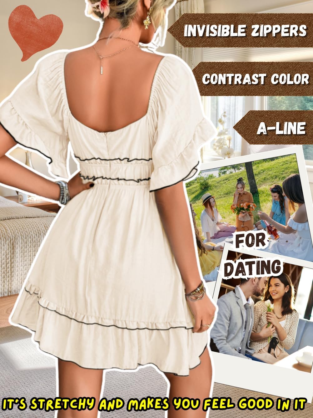 Women's Renaissance Dress, Flutter Sleeve Off Shoulder A-Line Empire Waist Fairy Sundress - Image 2