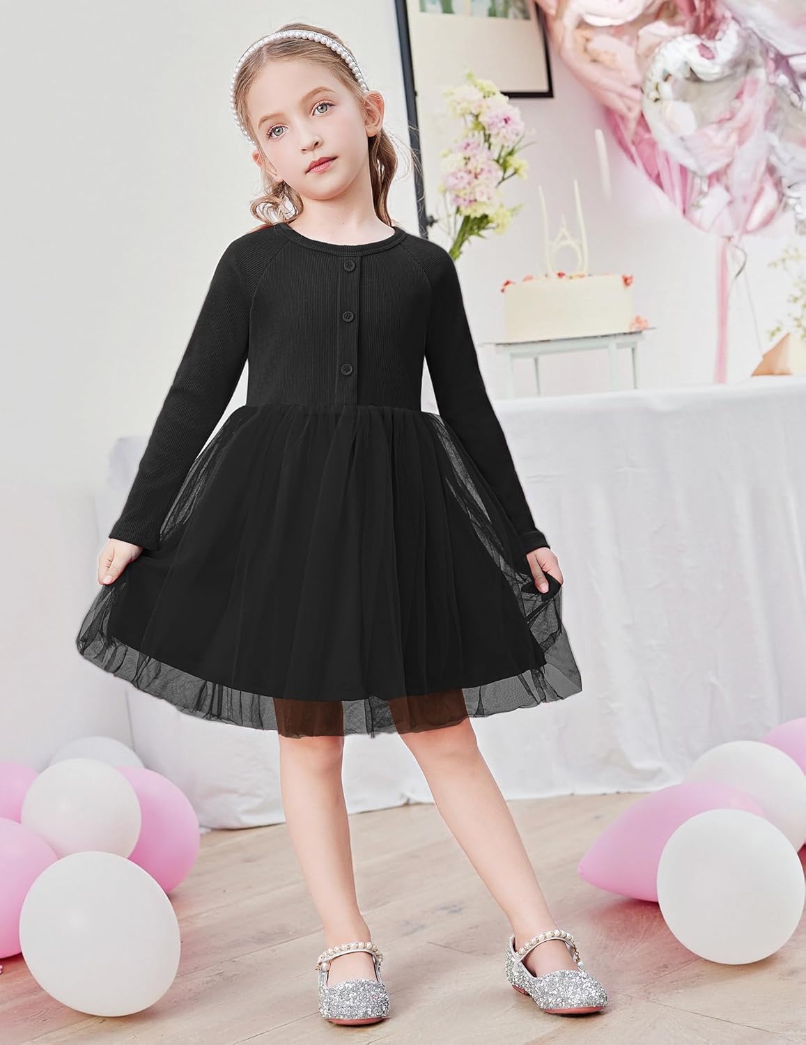 Arshiner Toddler Girls Tutu Dress Long Sleeve Fall Winter Button Front Party Tulle Dresses 2-8Y - Image 4