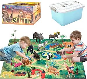 Safari Animals Figurines Toys with Activity Play Mat &amp; Trees, Realistic Plastic Jungle Wild Zoo Animals Figures Playset with Elephant, Giraffe, Lion, Gorilla for Kids, Boys &amp; Girls, 22 Piece