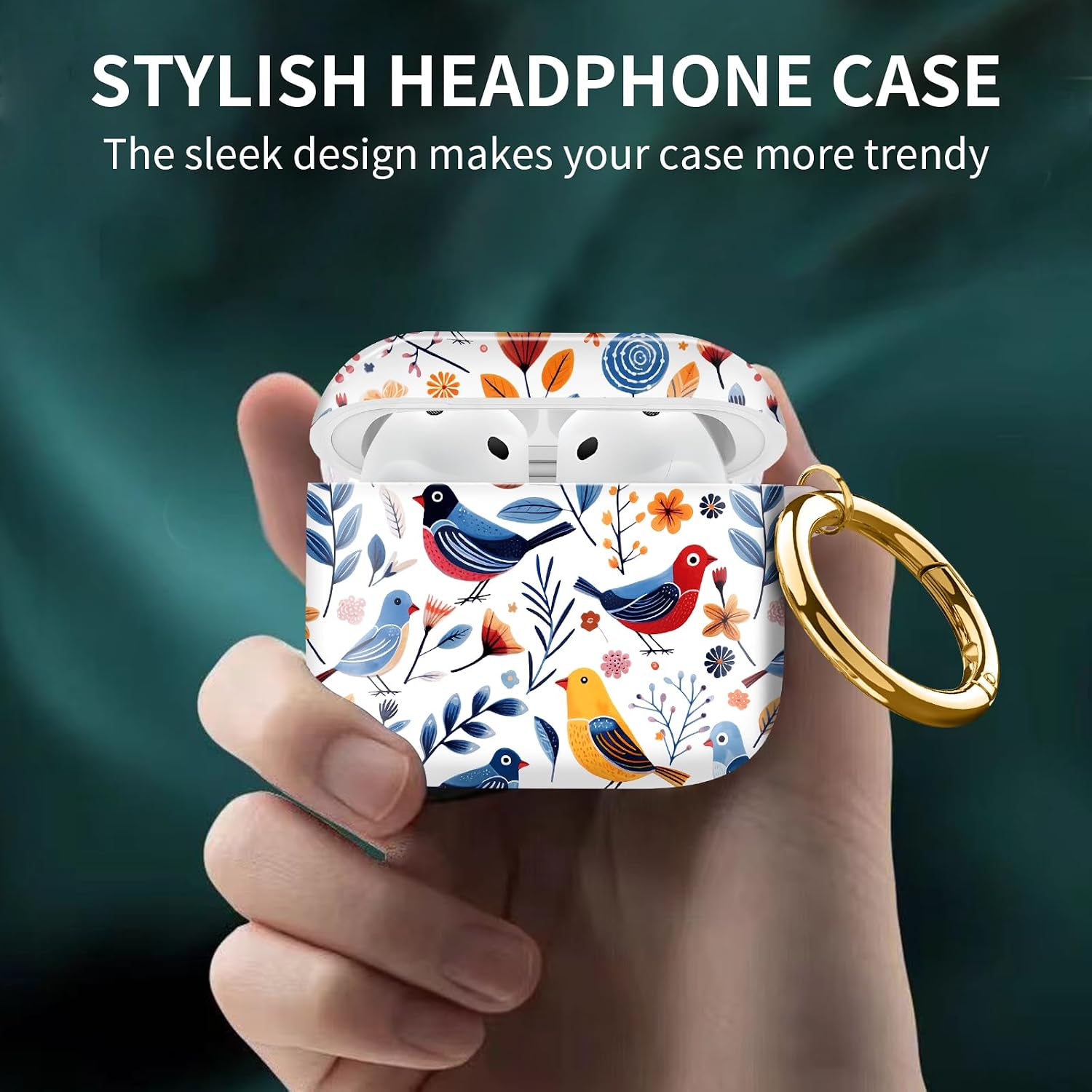 Compatible with Apple Airpods 4th Generation Case Cover(2024), Protective TPU Soft Cases Cover Rugged for Airpod 4 Case with Golden Keychain for Women Men（Colorful Birds） image 2
