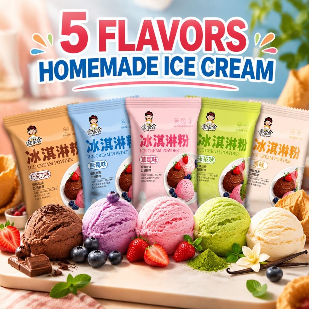 Helado En Polvo Casero - 5 Sabores (40 G X Paquetes) | Bricolaje Fácil | Suave Y Cremoso | No Se Necesita Máquina For Hacer Helados