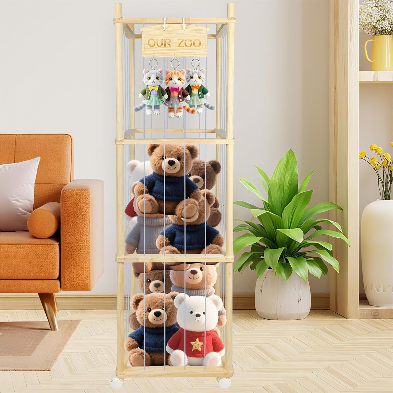 Stuffed Animal Storage, Wood Plush Toy Storage Organizer, Large Capacity Toy Cage with DIY Plaque Hang Small Objects, Gift for Nursery Playroom Kidroom Bedroom (54-Inch)
