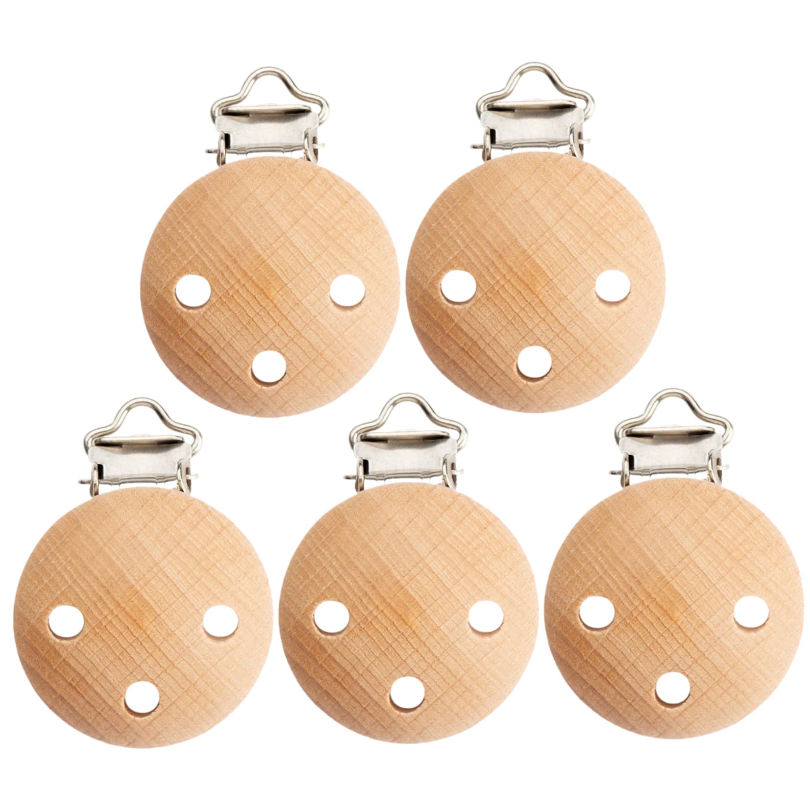 Clip per ciuccio in legno da 5 pezzi da 1, 2 pollici di diametro per ragazzi e ragazze, porta ciuccio portatile facile da usare e pulire con fori per giocattolo massaggiagengive, clip per bambini