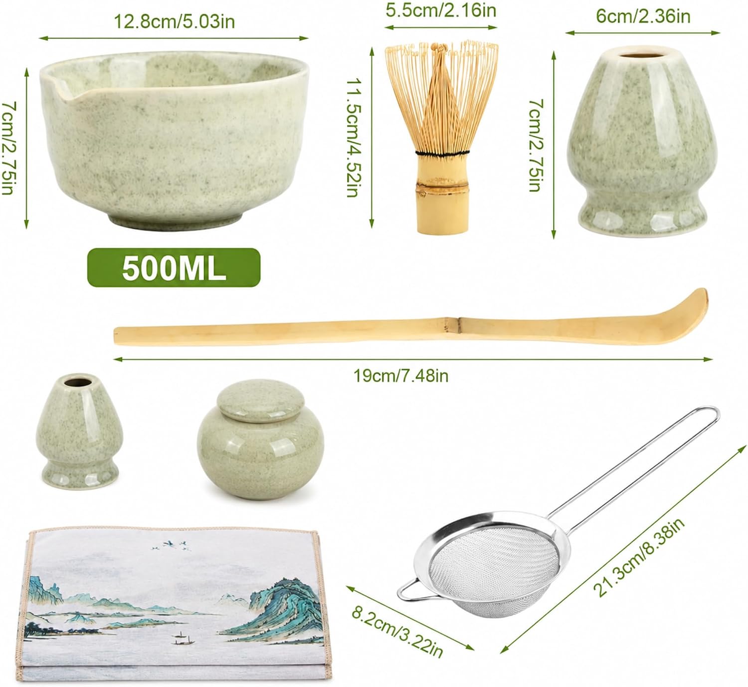 Matcha Whisk Set, 8-Piece Japanese Traditional Kit, Celadon Green, Bamboo Whisk, Ceramic Bowl, Scoop, Holder, Sifter