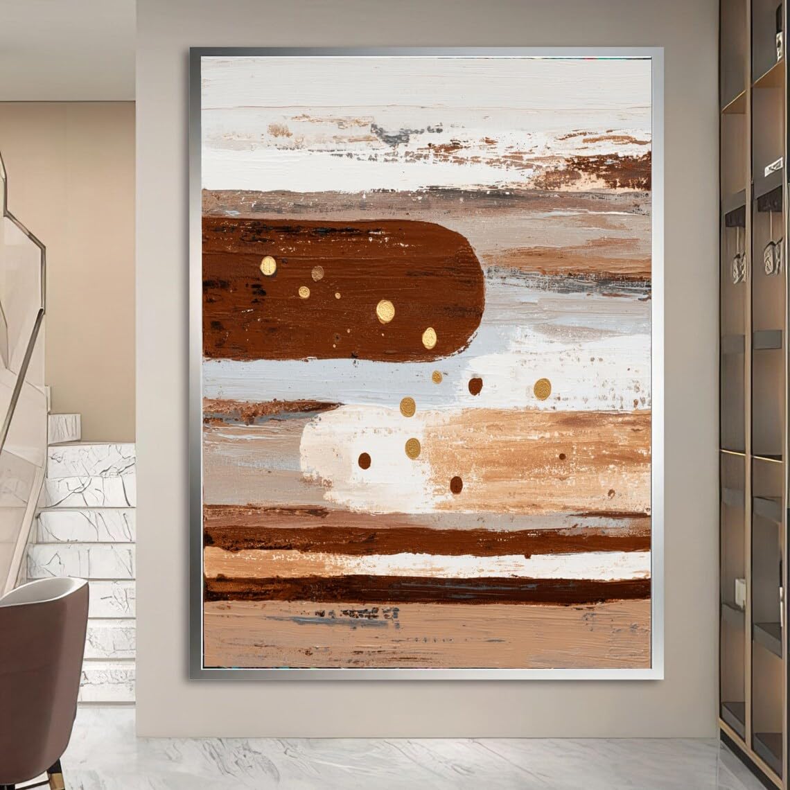XBTYKPB Canvas Wall Art, Brown and Beige Textured Painting, Gold Accents Painting, Neutral Tones Home Decor, Ready to Hang Decor(50x70cm/Frameless)